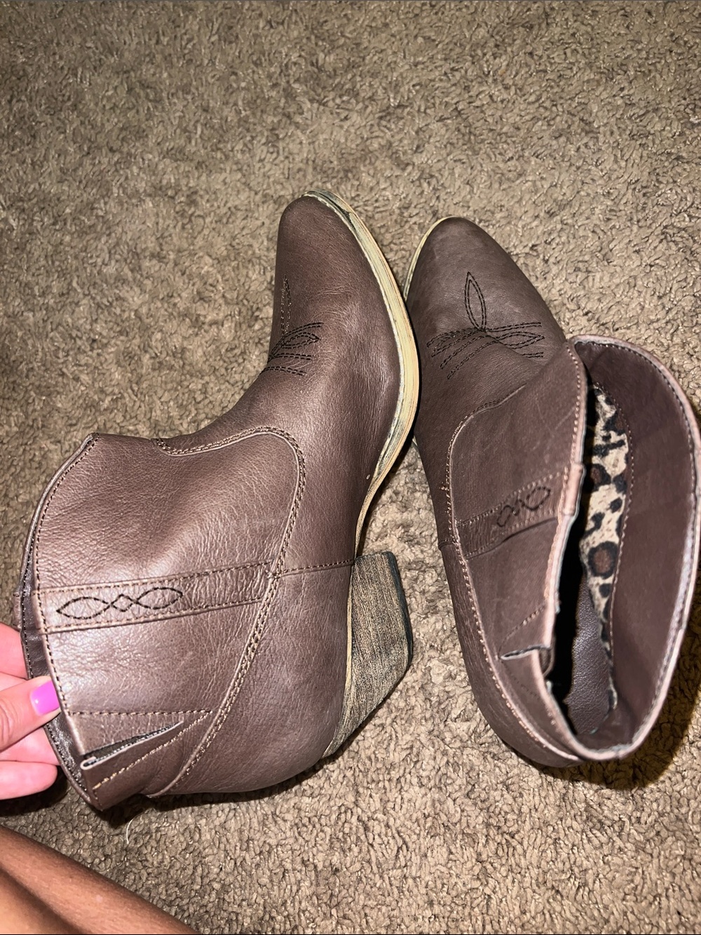 Very Volatile Brown Western Ankle Booties with Leopard Lining
